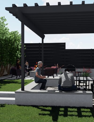 Modern outdoor patio with seating area and pergola, featuring visitors enjoying the space.