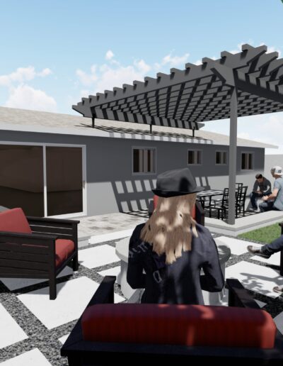 Digital rendering of a modern house with a patio where animated people are gathered.