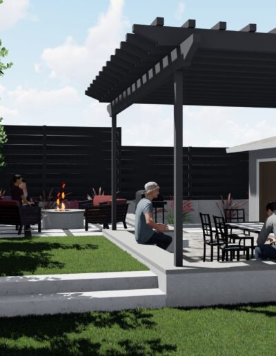 A 3d rendering of a modern backyard patio with people relaxing and conversing.