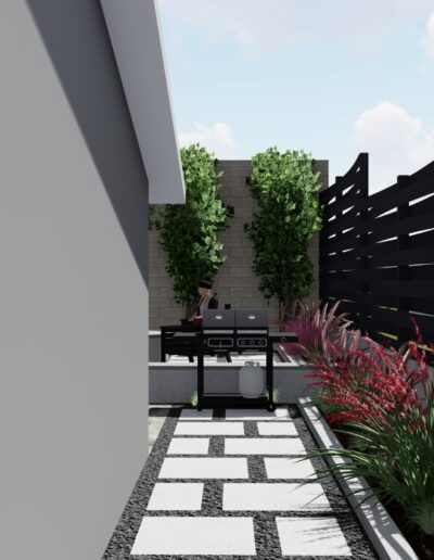 Modern outdoor patio with black horizontal fencing, geometric stone pathway, and landscaped garden beds.