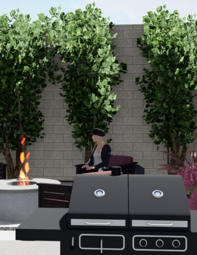 Two individuals relaxing in a modern outdoor patio with a fire pit and barbecue grill.