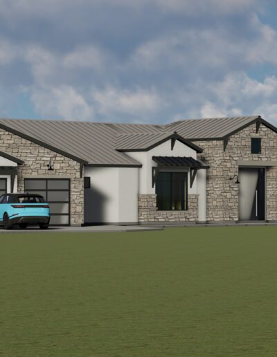 Modern single-story house with stone accents featuring a two-car garage and large windows.