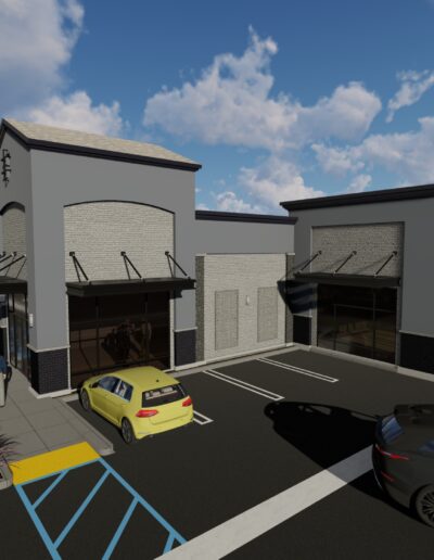 Architectural rendering of a modern commercial building with parking lot and cars.