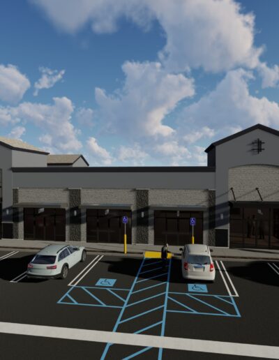 A 3d rendering of a modern commercial building with parking lot under a partly cloudy sky.