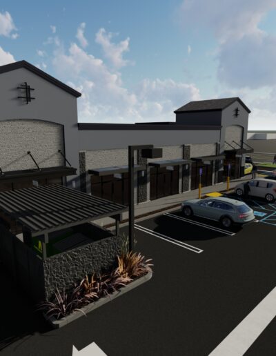 3d rendering of a modern-looking church building with parking lot and vehicles.