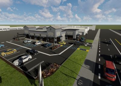 3d rendering of a commercial building with parking lot and vehicles.