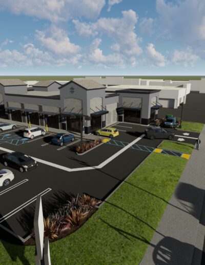 3d rendering of a commercial building with parking lot and vehicles.